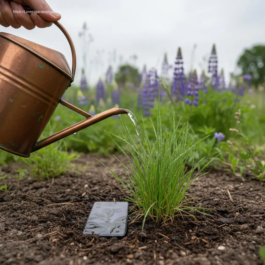 Watering a native plant seedling in a garden